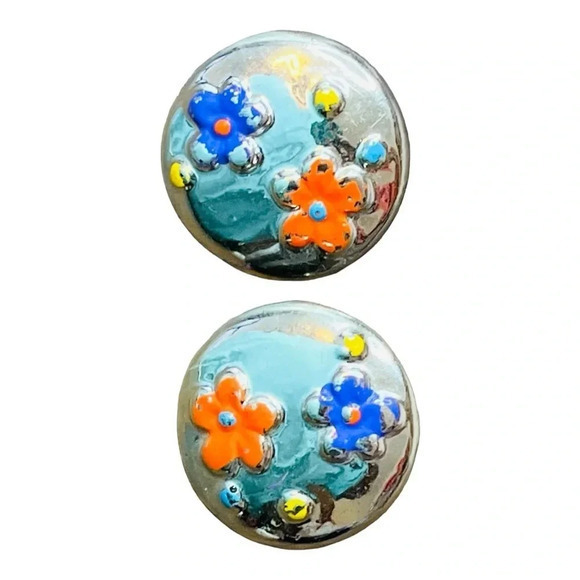Painted Silver Floral Circle Button Earrings Vintage‎ Orange Yellow Blue Posts - Picture 3 of 5